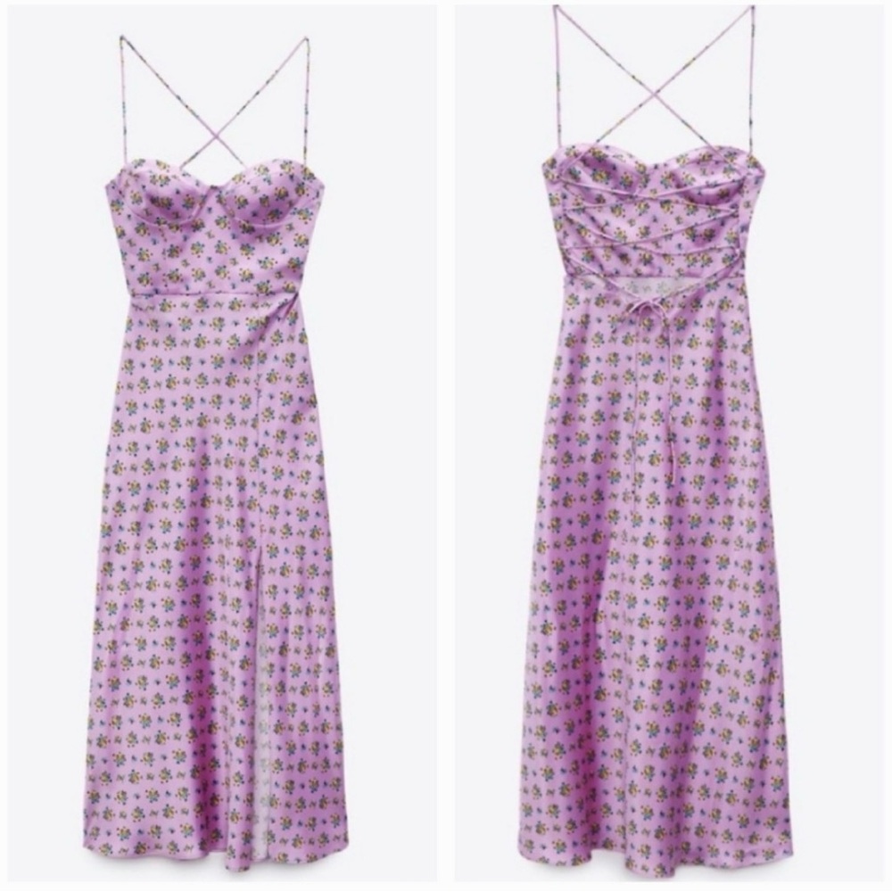 Zara Purple Satin Floral Corset Style Lace-Up Open Back Thigh Slit Maxi Dress - Picture 7 of 7